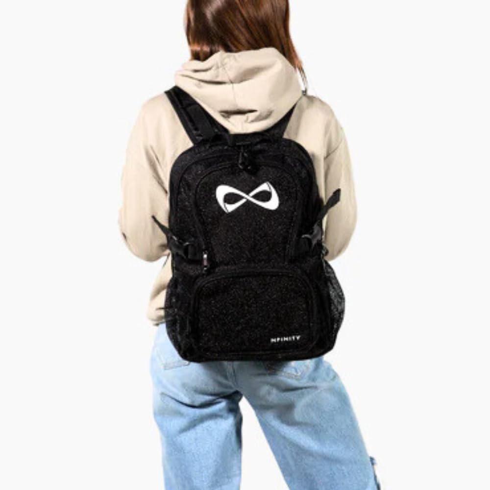 Nfinity Sparkle Rucksack für Cheerleader - Glitzer-Finish, leicht und langlebig, mit reichlich Stauraum und verstellbaren Trägern, Sparkle Petite Rucksack, weißes Logo, Petite