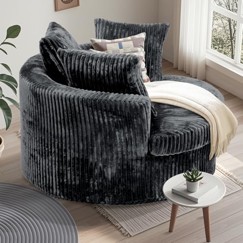 Image of 59 Inch Oversized Chaise Lounge Chair Indoor, Round Corduroy Chaise Lounge Sofa Bed with Throw Pillows and Backrest, Plush Sleeper Chair Bed for Living Room Bedroom,No Assembly Required