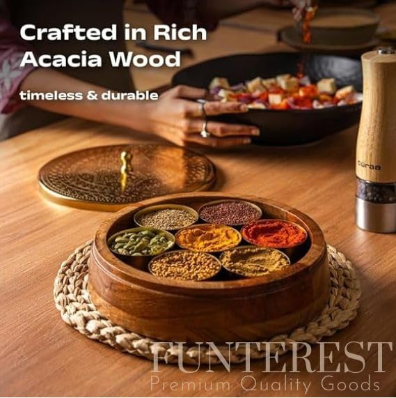 Image of FUNTEREST Wooden Masala Box with Lid & Spoon | (Masala Dabba 120 Ml, 7 Bowls) | Handcrafted Kitchen Organizer for Spices | Spice Storage Container for Indian Kitchen| Gift for Mother & Girah Pravesh