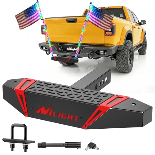 Image of Nilight Hitch Step with Whip Mount Holes 2 inch Receiver Upgraded Textured Black Anti-Slip Step Bar Rear Bumper Guard Protector Includes Hitch Lock & U-Bolts Universal Fit for Trucks SUV Car Van