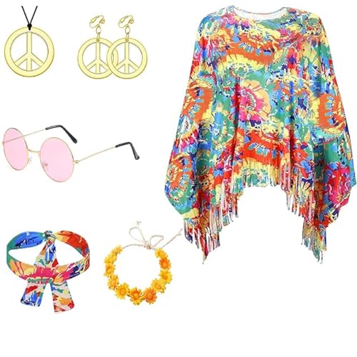 Xiujuers Disfraz Hippie Mujer, Disfraz Años 70 Mujer, Disfraz Mujer Carnaval, Disfraces Hippies Mujer, Set de Disfraz Hippie, Vestido Hippie Mujer Disfraz, Adecuado Carnaval Fiesta, Cosplay, Halloween