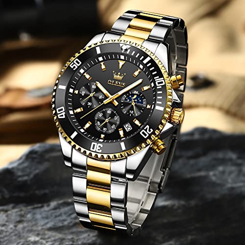 Image of OLEVS Watches for Men Chronograph Business Wrist Watches Analog Quartz Moon Phase Stainless Steel Waterproof Luminous Dress Watches