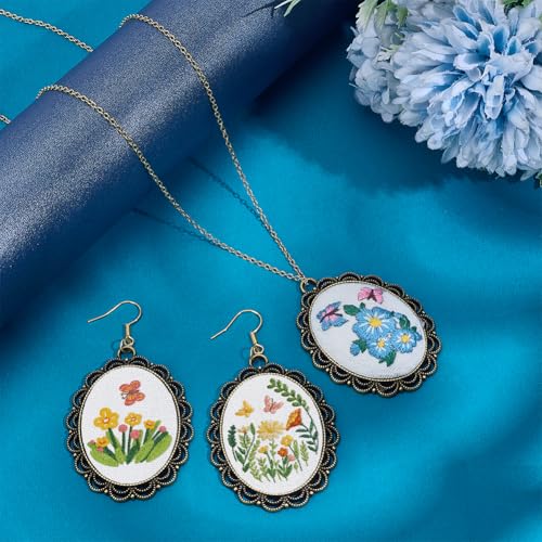 Image of INFUNLY 6 Sets DIY Flower Embroidery Pendant Kit with Chains for Adult Beginners Insect Embroidery Necklace Kits with Instructions Floral Necklace Starter Cross Stitch Kit for DIY Art Craft Women Gift