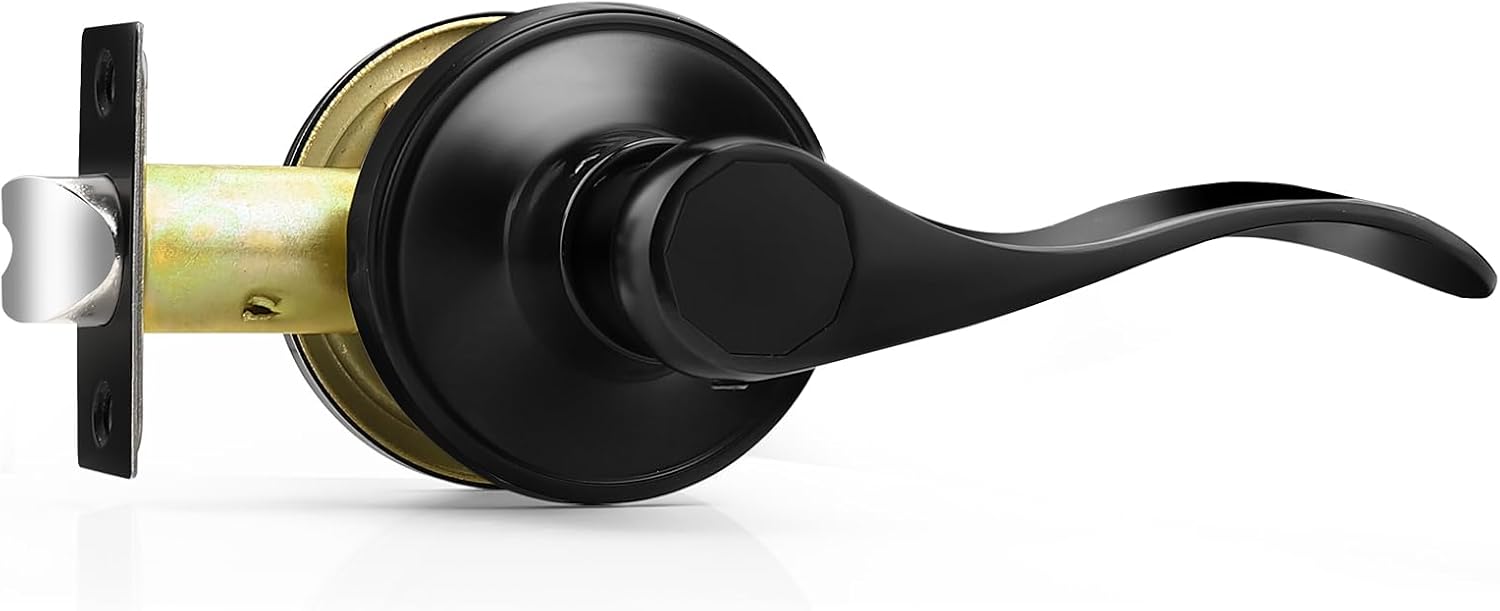 Probrico Wave Style Matte Black Passage Door Knobs, Reversible Door Levers for Hallway and Closet, Interior Keyless Door Handles for Right/Left Handed Doors, 1 Pack