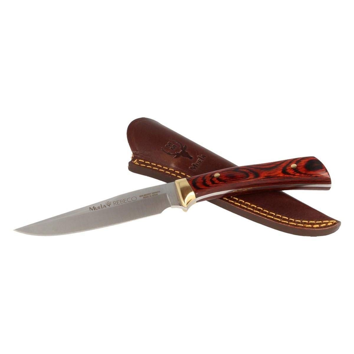 Muela Cuchillo REBECO 11R hoja de acero ACX-380 de 12 cm y empuñadura de estamina para Caza, Pesca, Supervivencia y Bushcraft Realizado en Ciudad Real + Portabotellas de regalo
