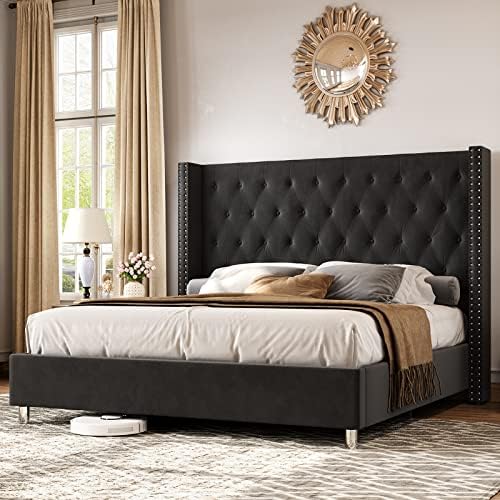 PaPaJet Tufted Upholstered Platform Bed Frame King Size Velvet Low Profile Platform Beds Raised Wingback Headboard with Strong Wooden Slats/Mattress Foundation/Easy Assembly Black Velvet Bed Frame