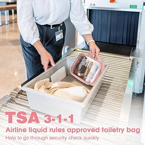 Image of Wedama TSA Approved Toiletry Bag, 3 Pack Clear Makeup Bags with Handles, Quart Size Clear Toiletry Bags, PVC Cosmetic Bags for Women and Men, Carry on Airport Airline Comp (Pink, 3 Pack, Medium)