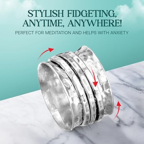 Boho-Magic Sterling Silver Fidget Rings for Women – 925 Spinner Ring with 3 Fidget – Hammered Sterling Silver Spinner Ring for Women – for Style, Relaxation & Focus3