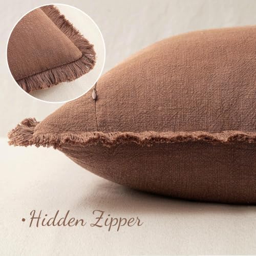 Image of MIULEE Linen Fringe Decorative Fall Euro Throw Pillow Covers Brick 26x26