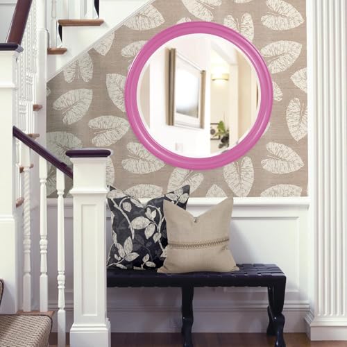 Image of Howard Elliott Collection George Round Glossy Hot Pink Wall Mirror, Bevelled Vintage Hanging Wood Framed Vanity Mirrors for Home Decor, Living Room, Bathroom, Bedroom, or Hallway, 36 Inch Round