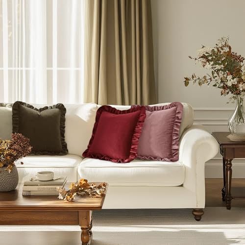 JIUZHEN Burgundy Velvet Throw Pillow Covers with Ruffles, Soild Decorative Throw Pillow Covers for Couch Sofa Bed Livingroom, Set of 2, 22x22 Inch by JIUZHEN - Used condition - Image 6