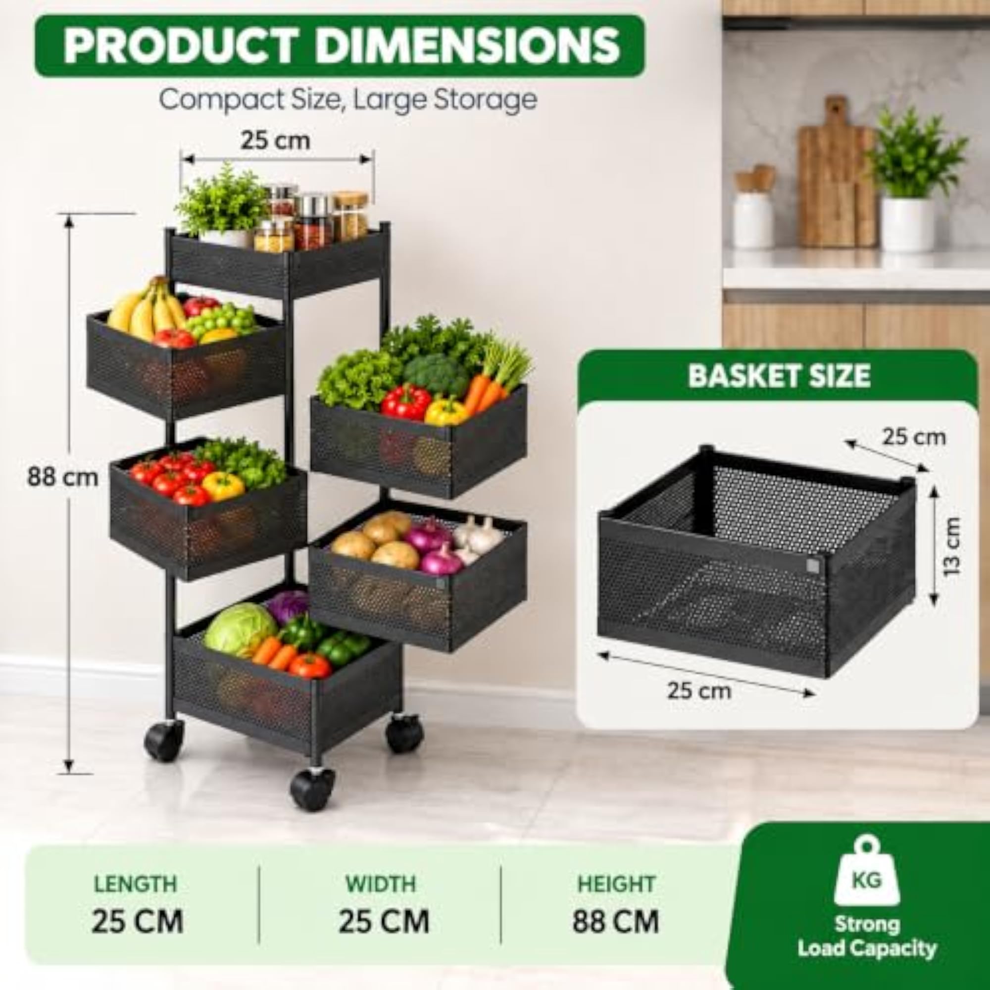 Rotating Kitchen Trolley with Wheels, Metal Storage Rack for Vegetables