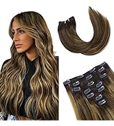 FAAAL Human Hair Clip in Extensions 16 inch Mix Brown Chocolate Blonde Highlights Clip in Hair...