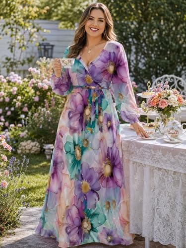 Image of PinkPatty Women's Long Sleeve Maxi Dress Plus Size Trendy Wedding Guest Dress with Pockets&Belt