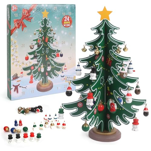 Image of Advent Calendar 2025 Wooden Christmas Tree, 24 Days Christmas Tree Xmas Advent Calendar, with 30Pcs Hanging Ornaments Miniature Xmas Tree Decorations, for Tabletop Decoration Party Favors Gift