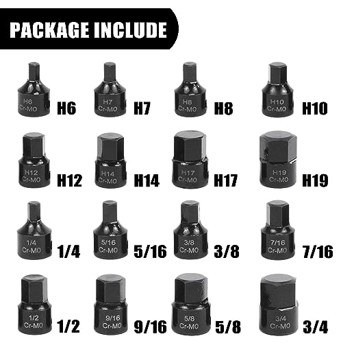 Image of 16PCS 3 /8-Inch Low Impact Hex Drive Set,Impact Hex Bit socket set,SAE /Metric, 1 /4 Inch - 3 /4 Inch, 6mm - 19mm, Cr-Mo Steel