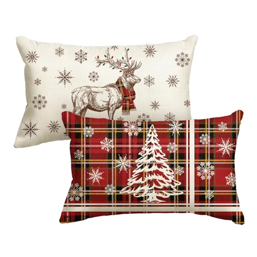 Artoid Mode Buffalo Plaid Tree Deer Snowflake Christmas Cushion Covers Set of 2