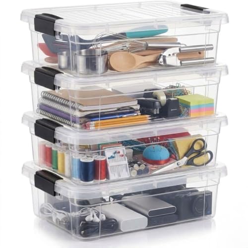 Superio 7.4 Quart Clear Plastic Storage Bin with Lid, Stackable Organizer Box, BPA-Free Storage Container for Home, Garage, School & Office, 4 Pack