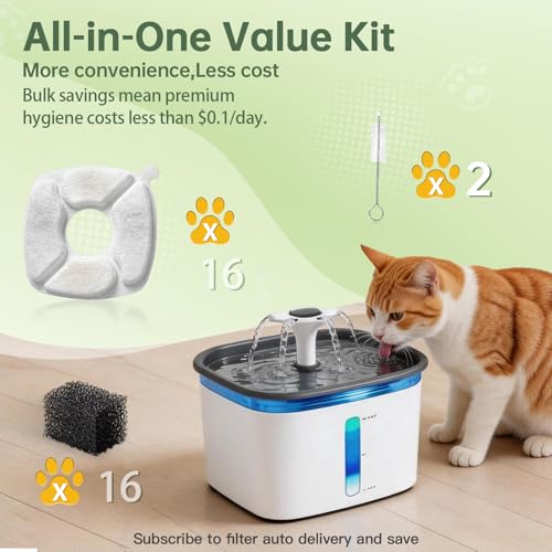 Image of Cat Water Fountain Replacement Filters-16 Pack Cat Fountain Filters with 16 Pack Sponges, Enhanced Compatibility Pet Fountain Filter Fit for 50oz, 84oz, 95oz or 108oz Automatic Pet Dog Water Dispenser