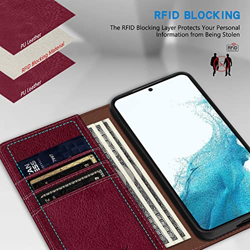 Image of ZZXX for Samsung Galaxy S22 Wallet Case with [RFID Blocking] Card Slot Stand Strong Magnetic Leather Flip Fold Protective Phone Case for Samsung Galaxy S22 Case Wallet(Wine Red-6.1 inch)