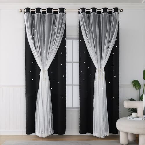 Image of Double Layer Blackout Curtains for Living Room 96 Inches Long 2 Panels with White Sheer Overlay Star Cutout Black Nursery Curtain Darkening Aesthetic Room Divider Drapes 96 Inch Length