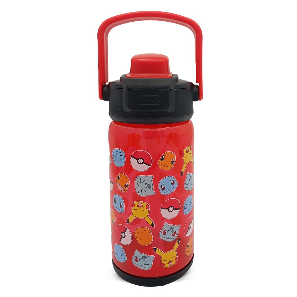 HOX Pokemon Beacon Water Bottle – 16 Oz | Food-Safe Plastic Bottle with Carry Loop | Spills-Proof Flip-Up Spout Reusable Travel Bottle for Kids, Red