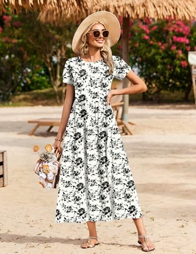 Image of Zeagoo Summer Dresses for Women 2026 Maxi Bohemian Floral Short Sleeve Long Dress Casual Flowy Tired Beach Sundress