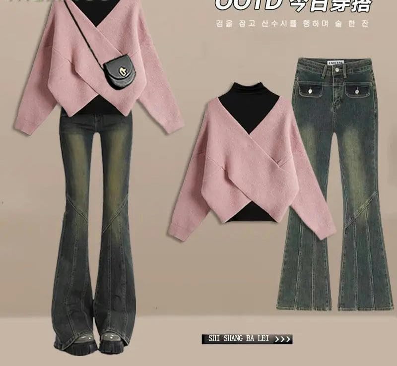 Autunno Inverno Denim Pantaloni Set Coreano Elegante Maglia Maglione+Camicia Inferiore+Micro Flare Jeans 3 Pezzi Vestito