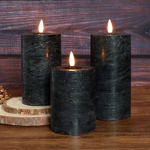 duduta Black Halloween Flameless Pillar Candles with Timer, Real Wax Flickering LED Battery Candles Set of 3 Cover