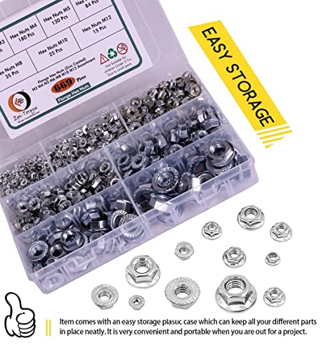 Image of Zinc Coated Flange Head Hexagonal Nuts 7 Sizes M3, M4, M5, M6, M8, M10, M12 Pack of 669 Pcs Assortment