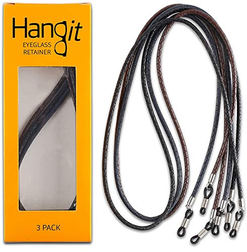 Avitron Hangit, Elegant Eyeglass, Sunglass Strap-Chain-Retainer, Sports Band, 3 Pack (Blue Black Brown - Pu Leather For Men Women By Hangit #TOP1