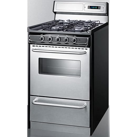 Summit Appliance TTM1307BKSW 20" Wide Gas Range in Stainless Steel with Sealed Burners, High Backguard, Clock/Timer, Oven Window, Towel Bar Handles and Electronic Ignition