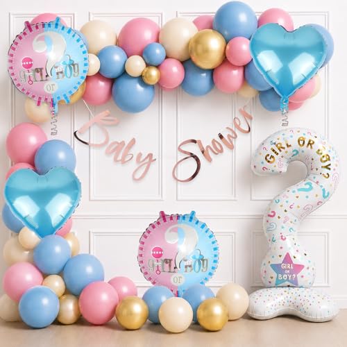 Image of Rozi Decoration Baby Shower Decoration Kit with Balloon, Question Mark Foil Balloon, Heart Foil Balloons, Round Printed and Rose Gold Baby Shower Banner - Pack of 41 Pcs