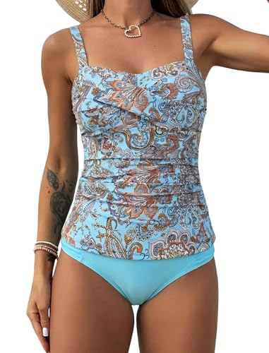 Image of ZAFUL Tankini Swimsuits for Women Tummy Control High Waisted Twist Front Ruched Two Piece Bathing Suit