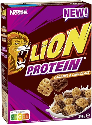 Nestlé LION Protein Cereals, Schoko Cerealien mit Karamell, 37% Vollkorn und Protein, Frühstücksflocken mit Vitaminen & Mineralstoffen, 1er Pack (1 x 340g)