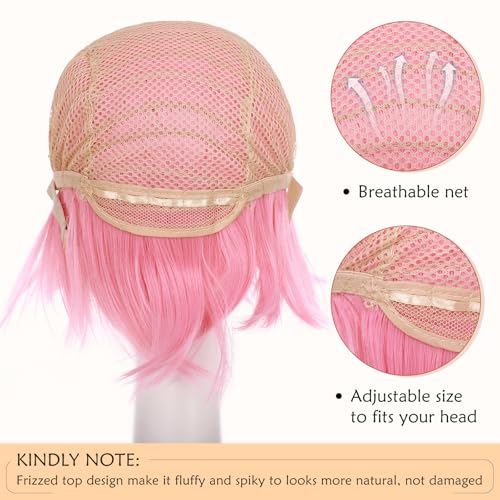 Image of S-noilite Unisex Short Dark Pink Wig Women Mens' Anime Cosplay Wig Straight Shaggy Spiky Pixie Wigs Heat Resistant Syntehtic Hair for Halloween Comic-cons Costume Party