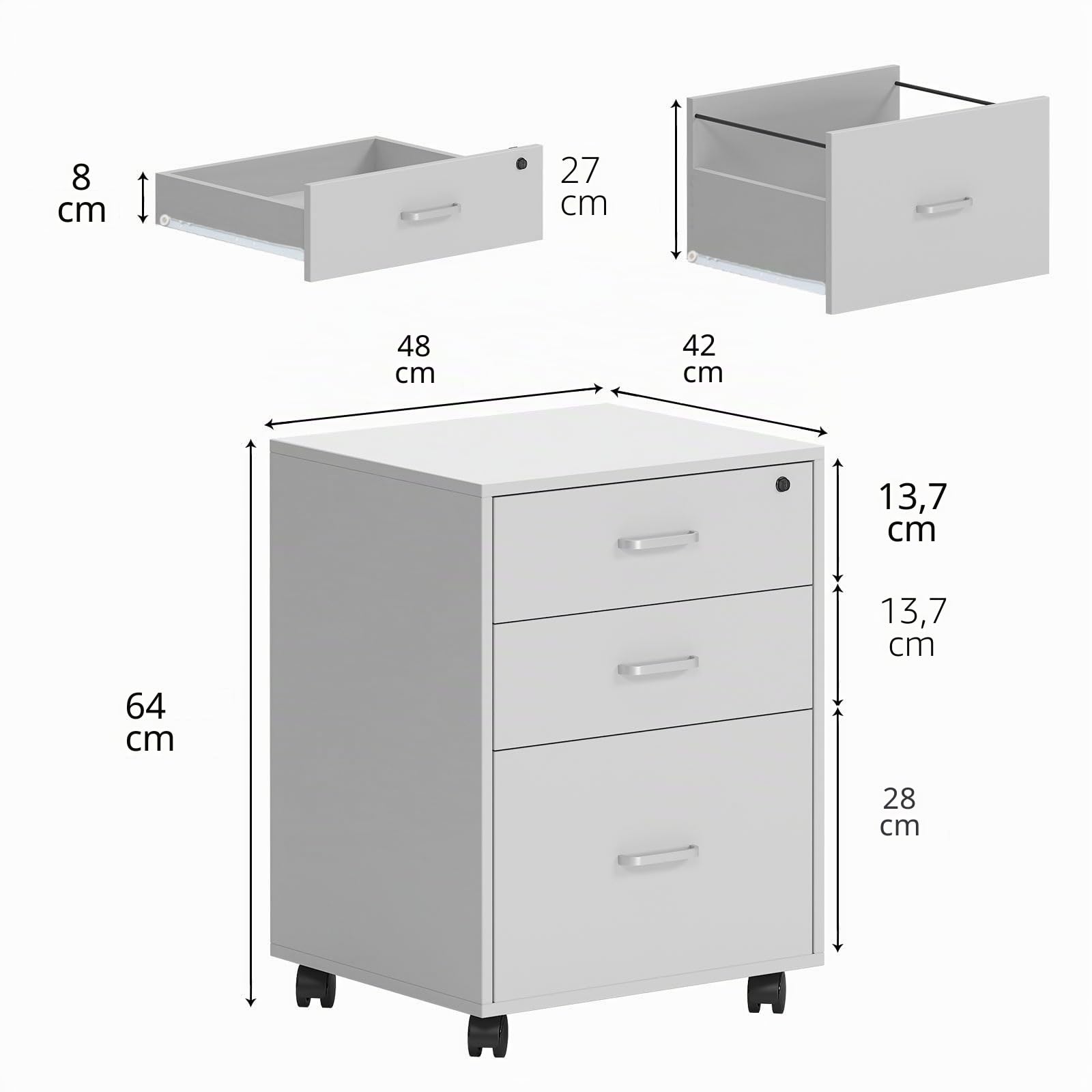 SogesHome Cassettiera da Ufficio Studio Scrivania Armadio per Archiviazione su Rotelle Mobile Contenitore con Serratura con 3 Cassetti, Bianco