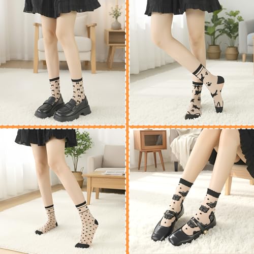 scenicamp 10 Pairs Sheer Socks Women Striped Plaid Mesh Dot Bow See Through Transparent Socks Summer(Black, Animals) — view 2