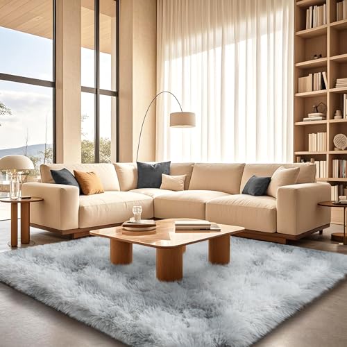 Tie-Dyed Grey Rugs for Bedroom 6x9 ft - Ultra Soft Faux Fur Area Rug - Plush Non-Slip Shaggy Carpet for Living Room, Cozy Fluffy Rug for Kids Boys Girls Dorm Nursery Room, High Pile Floor Carpet