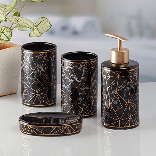 Image of SaSaSa Ceramic Bathroom Accessories Set of 4 Modern Bath Set with Soap Dispenser & Toothbrush Holder, Luxury Home & Gift Idea, Black /Gold (9757)