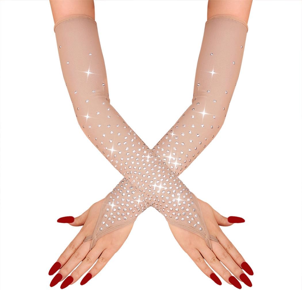 CASDRE Rhinestone Fingerless Gloves Long Evening Party Arm Sleeves Sparkly Halloween Cosplay Accessories for Women and Girls