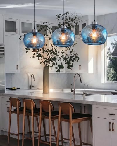 Image of CASAMOTION Hand Blown Glass Pendant Lights Kitchen Island Marble Blue Color Modern Rustic Style Ceiling Hanging Light Fixtures Dining Room Brushed Nickel 8.7 Inch Diameter 2 Pack