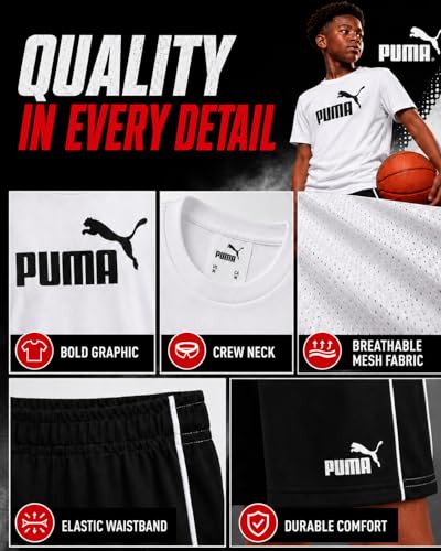 Image of PUMA Boys Short Set - 2 Piece Short Sleeve Crewneck Performance Graphic Tees and Athletic Mesh Shorts for Boys (Sizes: 4-16)