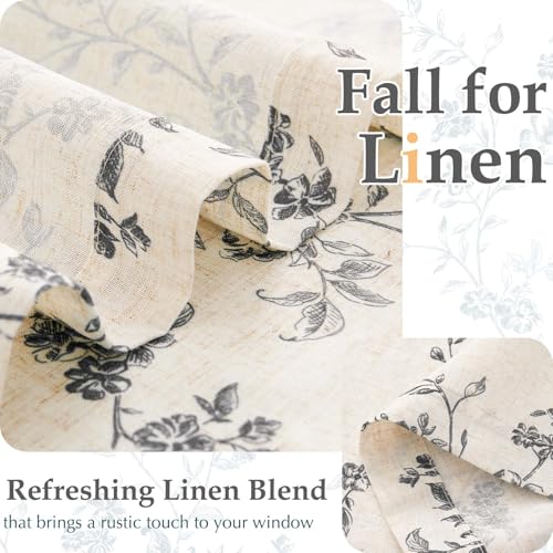 Image of jinchan Floral French Door Curtain Panel Farmhouse Decor Light Filtering Linen with Tie Up Bow for Glass Door or Patio 72 Inch Length Rod Pocket 1 Panel Black on Linen