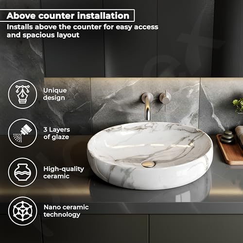 Image of Plantex Basin for Bathroom /Ceramic Table Top Wash Basin /Over Counter Washbasin for Restaurant /Hotel (CRETA-NS-203-Marble Finis, 23 x 15 x 5.5 Inch)
