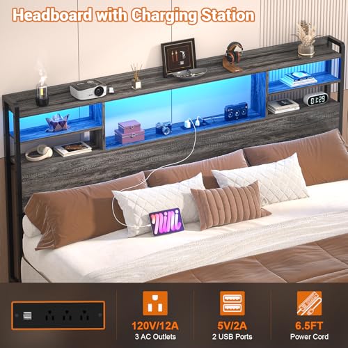 Image of Aheaplus Headboard for King Size Bed with Storage and Outlets, Black Oak