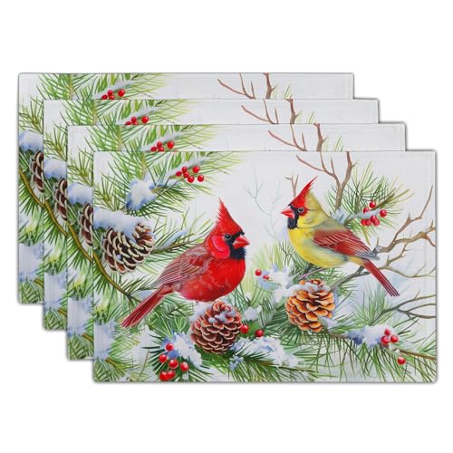 Giwawa Winter Birds Placemats Set of 4, Christmas Tree Holly Berry Pine Cones Place Mat for Kitchen Dining, Xmas Snow Scene Non-Slip Washable Table Mats 12"x18" for Tabletop Holiday Party Decor