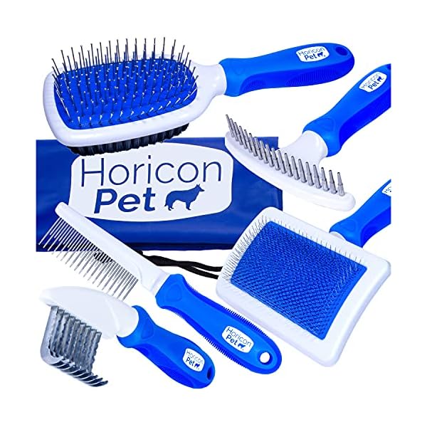 Horicon Pet 6-in-1-Premium-Hundebürsten-Set, Hundezubehör, Fellpflegebürsten – Kugelstift und Borstenbürste, gebogene Klinge, Entfilzungskamm, Zupfbürste, Enthaarungskamm und Entwirrungskamm für