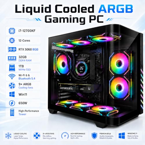 Image of Gaming PC Desktop Computer Liquid Cooled i7-12700KF up to 5.0 GHz 12-Cores, RTX 5060 8GB, 32GB DDR4 RAM, 1TB NVMe SSD, Wi-Fi 6 & Bluetooth 5.4, 9x ARGB, Win11 Pro, 650W PSU, High-Performance Tower