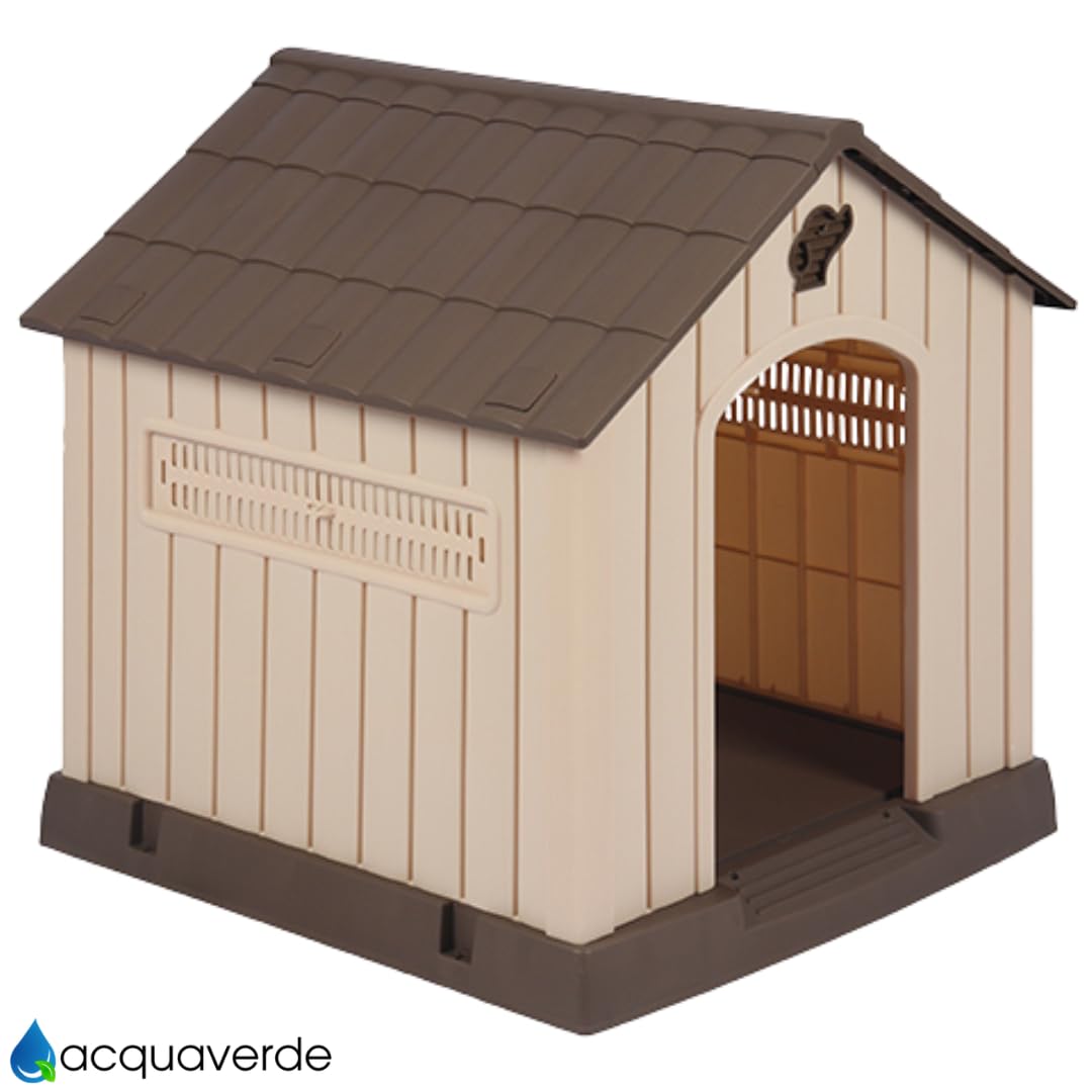 acquaverde | Cuccia per Cani da Esterno, Taglia Grande/Large Casetta per Cani in Resina, Impermeabile, Resistente, Base Isolante e Tetto Spiovente, Facile da Montare - Beige/Marrone | cm. 93x99x98